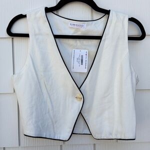 Bobbi Rocco White Woven Button Front Vest with Black Trim